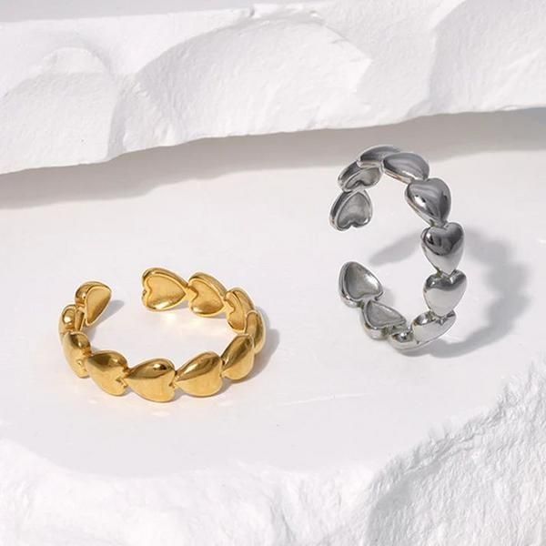 Anel Ajustável Corações JZ1099 (Prateado e Dourado)