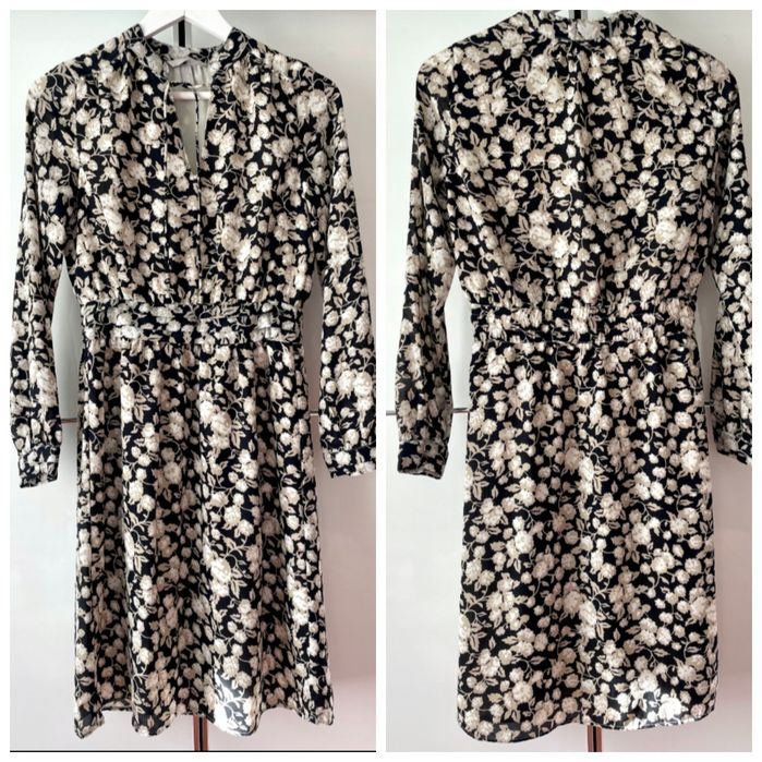 H&M S Elegancka sukienka midi czarna  w beżowe kwiaty długa