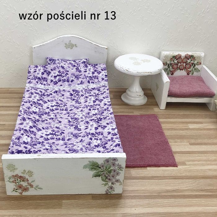 drewniane mebelki dla lalek 30 cm łożko pościel stolik fotelik