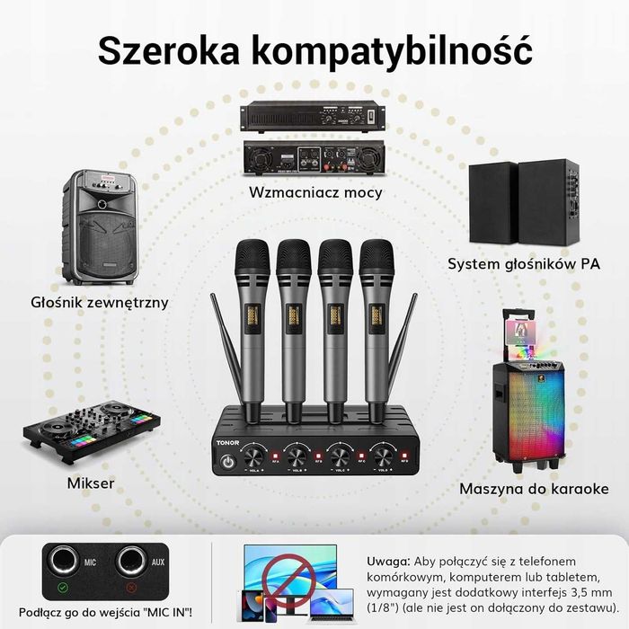 TONOR Zestaw 4 Mikrofony Bezprzewodowe UHF + Odbiornik 60 m
