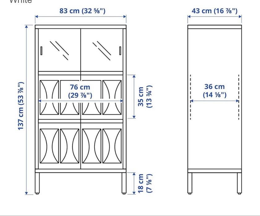 Ikea Kalknas biała witryna, biały kredens z przesuwnymi drzwiami