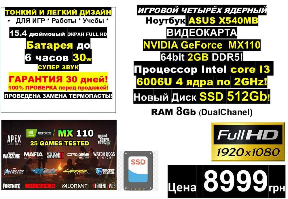 150+ Ноутбуків У ТОМАКІВЦІℹ️ASUS/GeForce MX110 2GB‼️i3/SSD 512Gb/RAM 8Gbℹ️Traid-In‼️РОЗТРОЧКА ОНЛАЙ через МОНО БАНК‼️