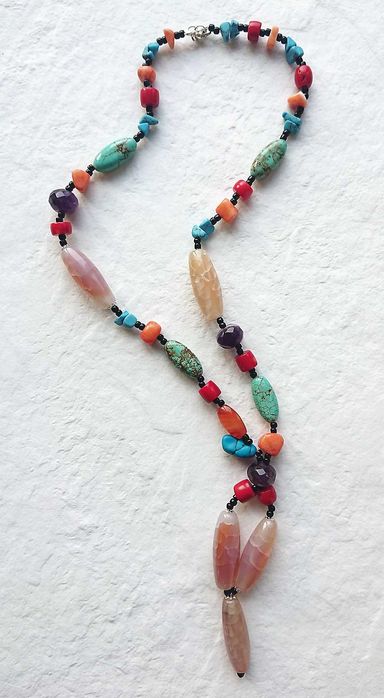 Naszyjnik handmade Agat, Koral, Ametyst, Turkus. Kamienie naturalne.