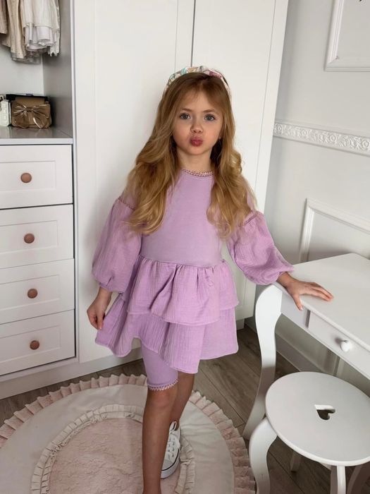 Wyprzedaż!La Mia Baby Clothes komplet tunika muślin+ kolarki lila 86