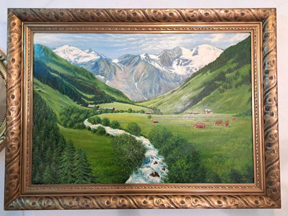 Stary obraz olejny Kurt Kottwitz pejzaż góry łąka krowy w ramie 86x116