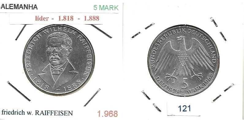 Alemanha - - 5 Mark - 1968-J - Friedrich Raiffeisen - - Moeda de Prata