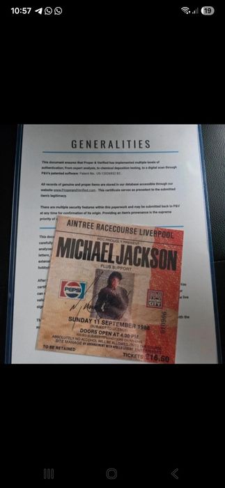 Michael Jackson  Ticket Bad World Tour Autografado