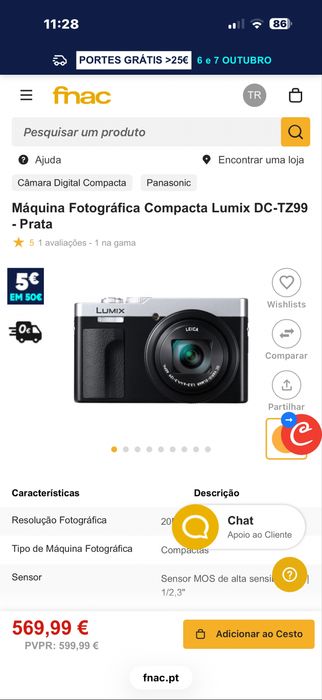 Panasonic Lumix DC-TZ99 (Prata) – Como nova