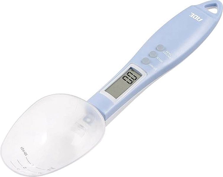 Łyżka-miarka ADE Eni z wagą, do 300 g, 25 cm, błękitna