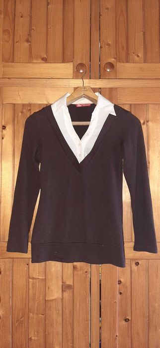 Sweter elegancki Miss Classic L brązowy z kołnierzem idealny do biura