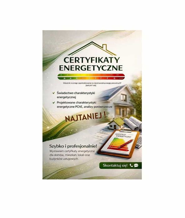1.5zł za 1m2 !    Świadectwo charakterystyki energetycznej ŚChE i PChE