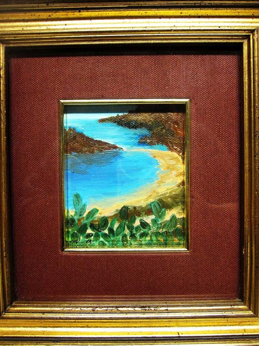 quadro emoldurado com paisagem marítima em óleo sobre tela - assinado