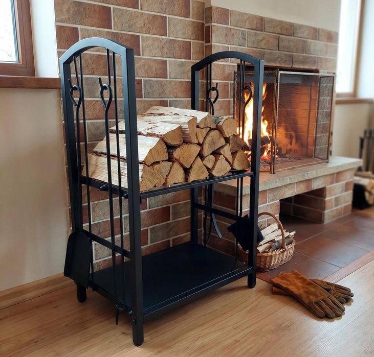 Stojak na Drewno Kominkowe z Przyborami Kosz na Drewno Akcesoria Kominkowe Zestaw do Kominka Metalowy Loft