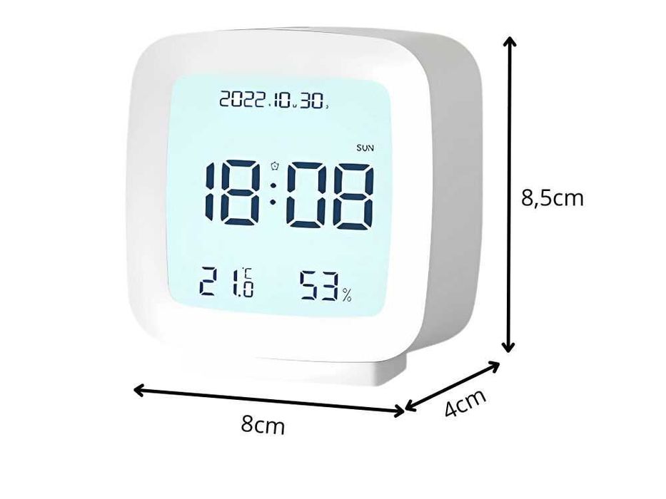Zegar Cyfrowy Budzik LCD Temperatura Wilgotność Data Biały