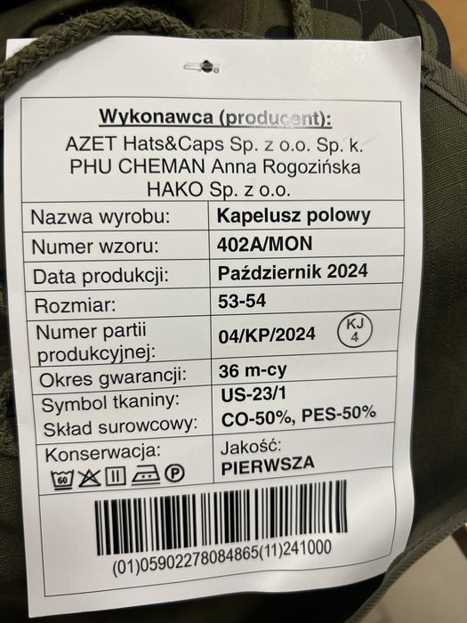 kapelusz polowy wzór 402A, rozmiar 53-54