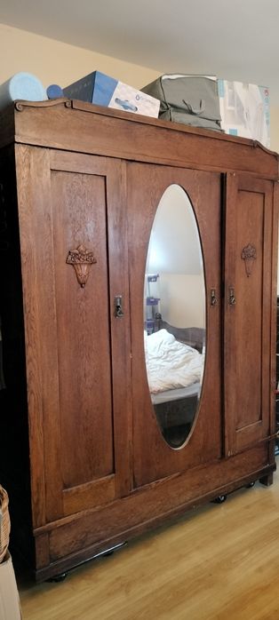 Antyczna garderoba dębowa z dużym lustrem - szafa 160 cm retro