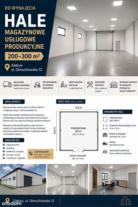 Hale magazynowe, usługowe i produkcyjne do wynajęcia 200–300m² Ziębice