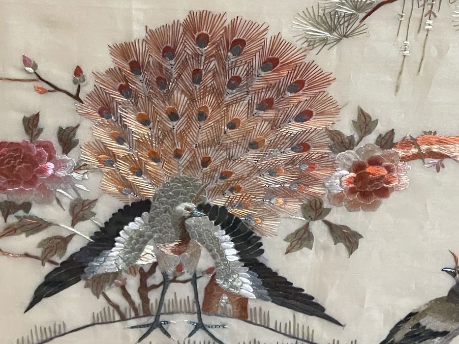 Par de quadros Bordado antigo em seda, Chinês oriental