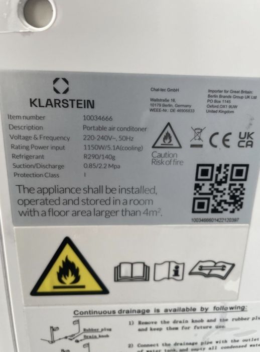 Мобільний кондиціонер Klarstein Kraftwerk Smart 10BTI з Wi-Fi