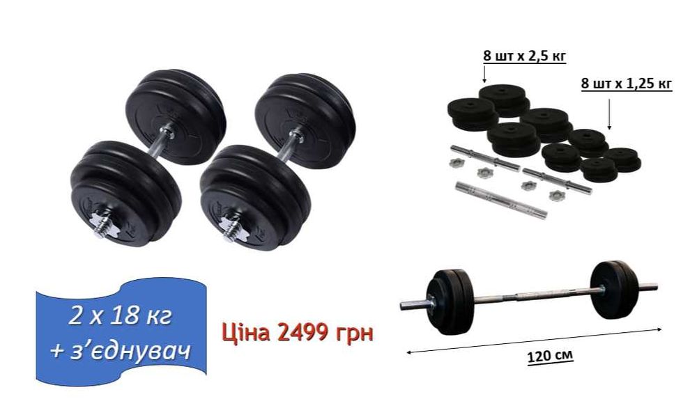 Гантелі 2 шт від 10 до 28 кг + перехідник для штанги Гриф сталь хром