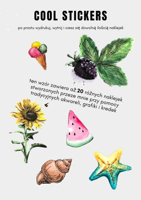 Zestaw Lato morze owoce 20 akwarelowych naklejek do druku PNG PDF