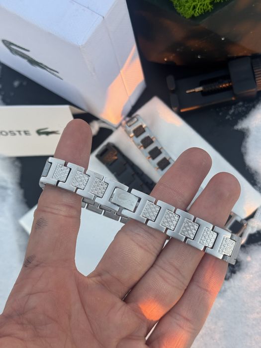 Браслет Lacoste черный мужской браслет Лакост серебряный цепочка серый
