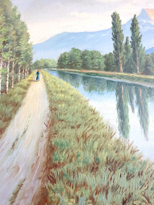 Para restauro: paisagem fluvial - pintura em óleo sobre tela - assinad
