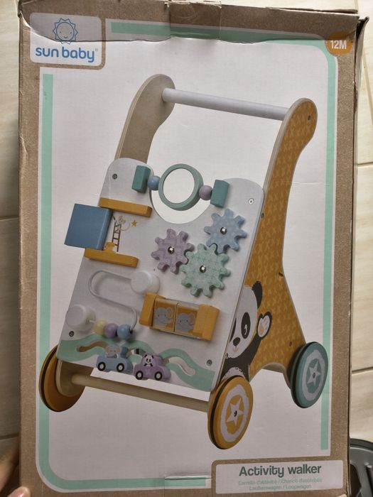 Pchacz dla dziecka 2w1 drewniany chodzik interaktywny tablica labirynt sun baby