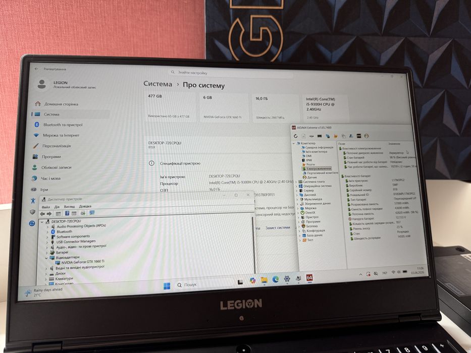 Ноутбук игровой Lenovo legion 5 (15’,i5(9gen),16gb,512Gb, GTX 1660Ti)