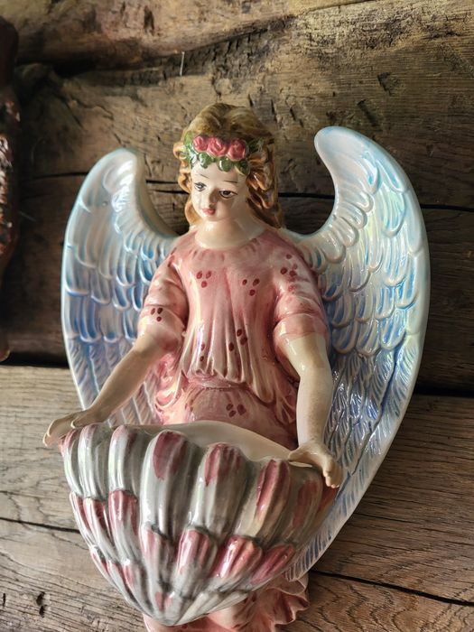 Piękna porcelanowa kropielnica 34 cm Anioł