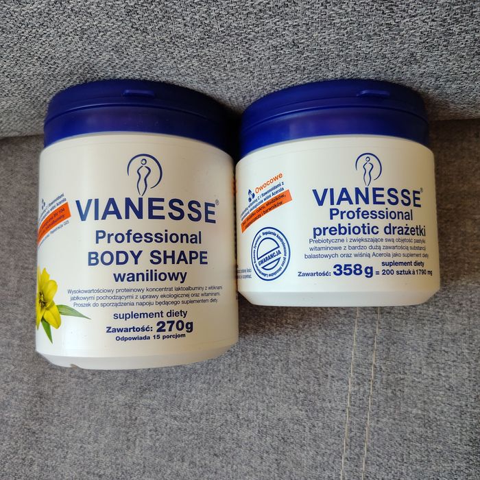 Vianesse białko aminokwasy witaminy Body shape wanilowe plus drażetki owocowe.