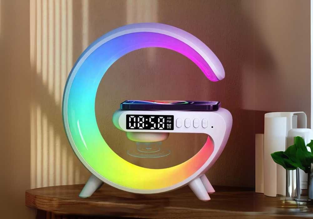 Lampka LED RGB Głośnik Ładowarka INDUKCYJNA Zegar Budzik Głośnik