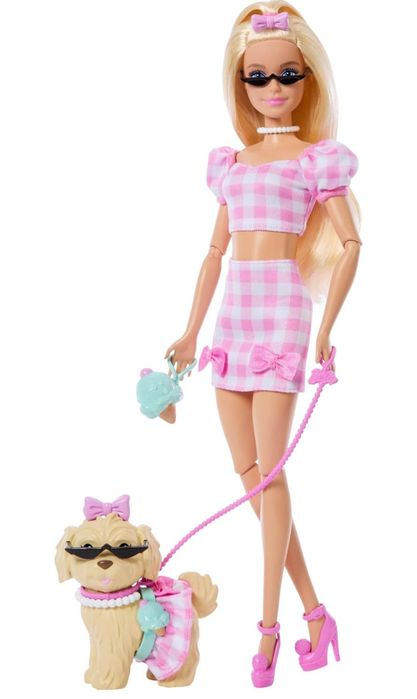 Barbie deluxe, Barbie twinning, барбі білявка в рожевому, барбі в однакових нарадах з собачкою