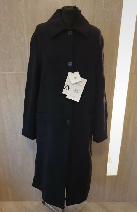 zimowy płaszcz wełniany czarny elegancki wełna manteco 75% M zara