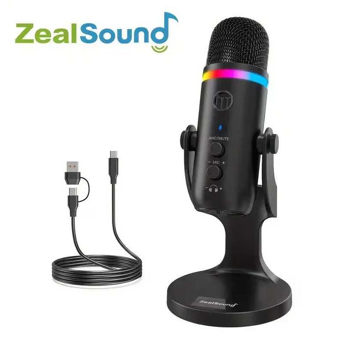 USB мікрофон ZealSound K66 PRO з RGB-підсвіткою для стрімінгу ( noise-canceling, touch control, gain & echo, чорний)