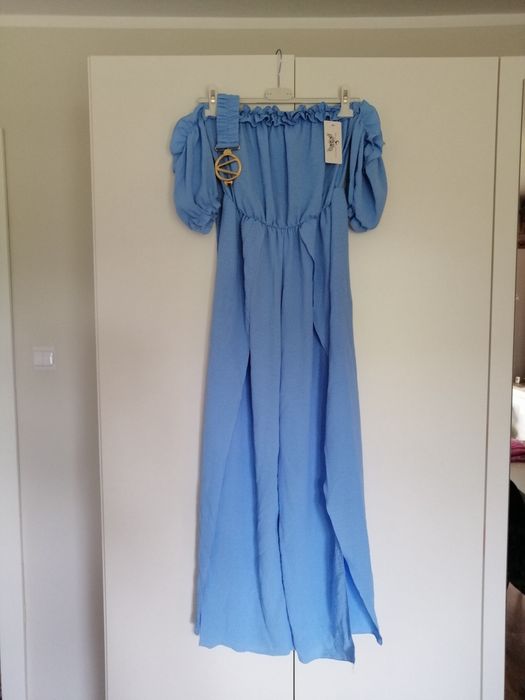 Kombinezon hiszpanka pasek rozcięcia baby blue błękit niebieski s m L