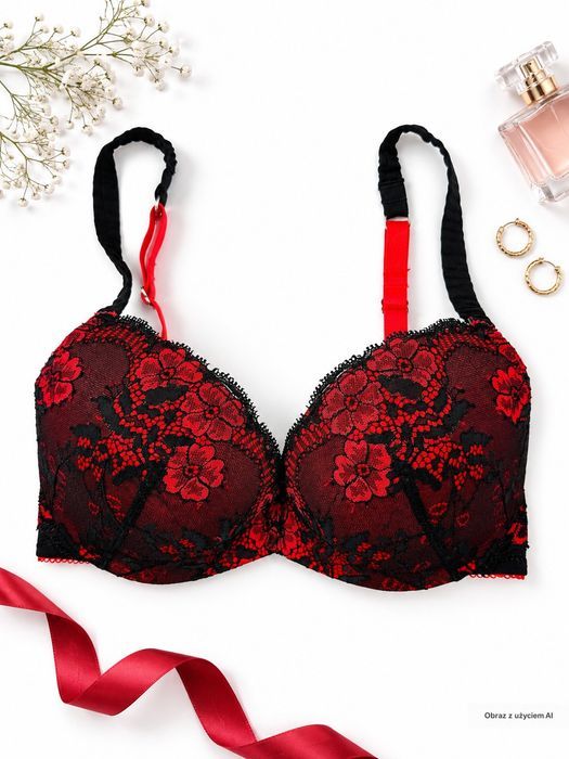 Biustonosz push-up koronkowy czerwono-czarny dark romantic 70DD