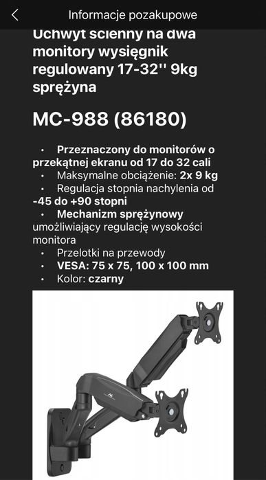 Uchwyt naścienny na dwa monitory Maclean, 17-32'', 9kg max