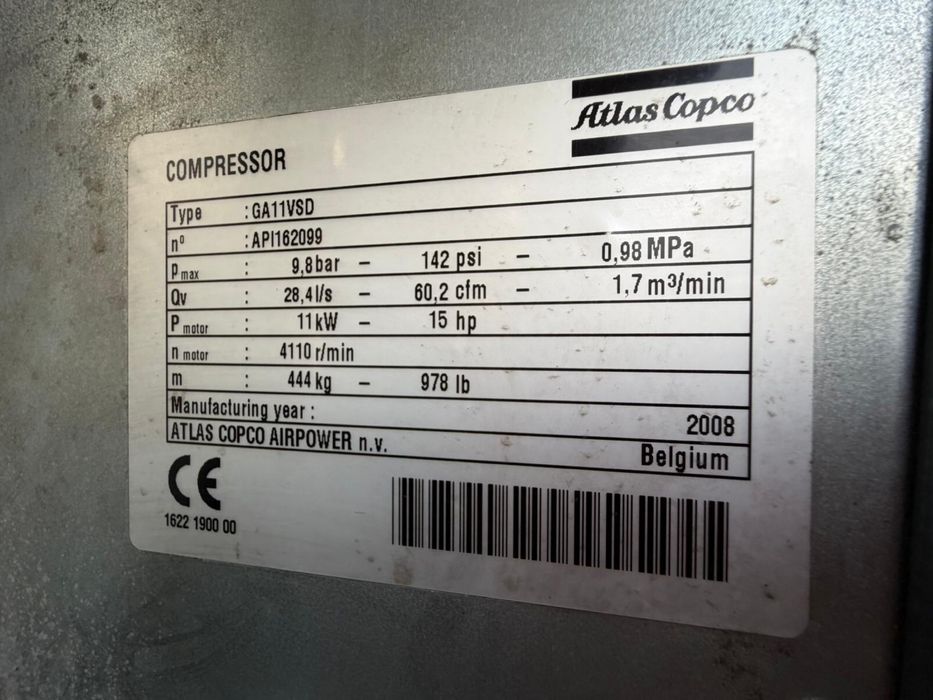 Kompresor śrubowy Atlas Copco GA11 VSD 11kW falownik  1.7m3/min