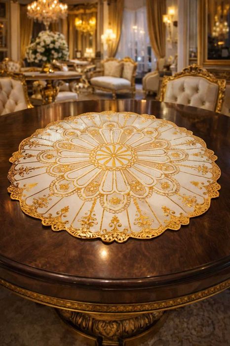 Сервировочная салфетка круглая D38 см, золотая, ажурная