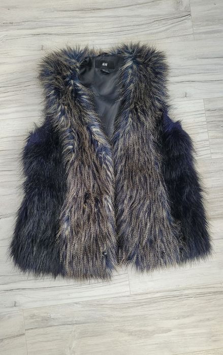 Kamizelka/bezrękawnik granatowo szary niezapinany futerko H&M