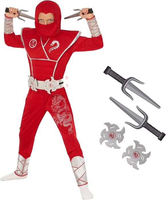 Dziecięcy Kostium Ninja Czerwony –  Zabawowy Rozmiar 4-6 Lat  6 Lat
