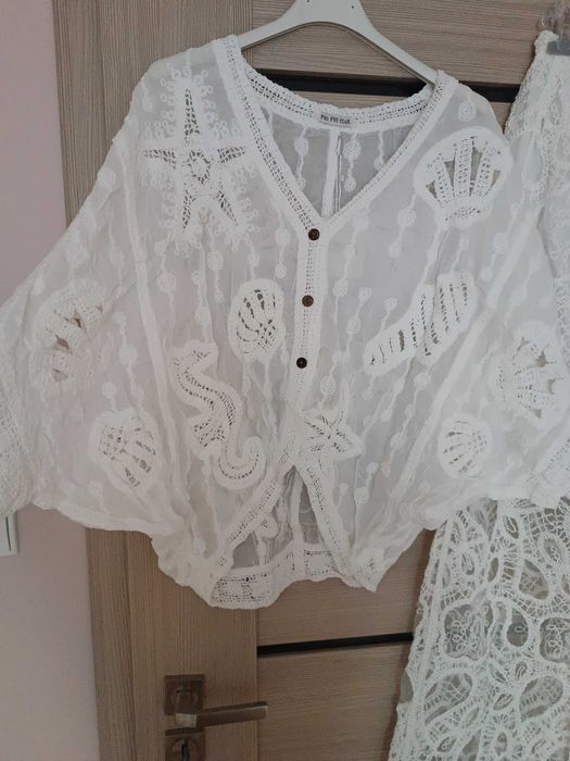 Ekskluzywny biały komplet koronką haftowany boho