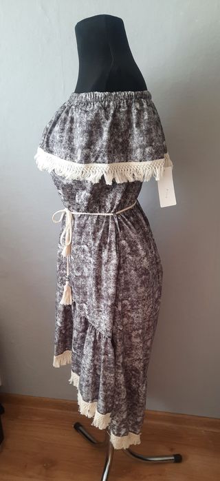 Sukienka hiszpanka asymetryczna midi maxi długa boho frędzle szara