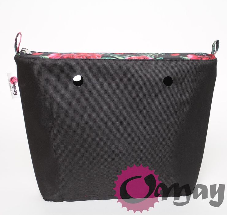 Czarny organizer do OBAG MINI piwonie czerwo 2 kieszenie wnętrze OMAY