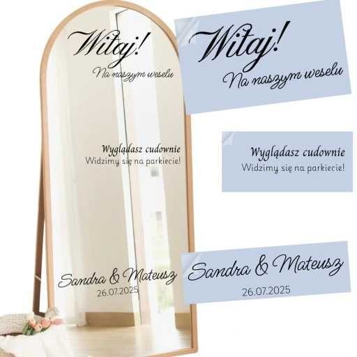 Powitanie gości na weselu naklejka lustro na stojaku