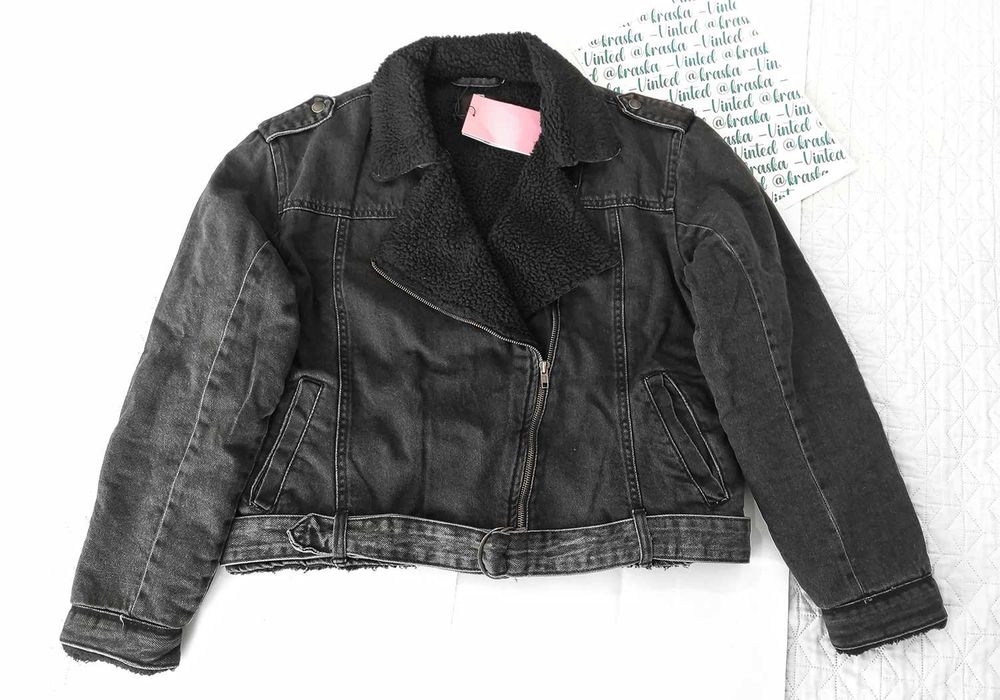 Ramoneska sherpa M/L grafitowy denim Sinsay kurtka biker wszyty kożuch