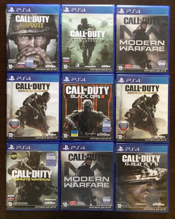Sony PS4: Call of Duty Ghosts, Infinite Warfare, WWII, Moderne Warfare, Advanced Warfare (російські), Baldurs Gate, Deadpool New, Diablo Cyberpunk