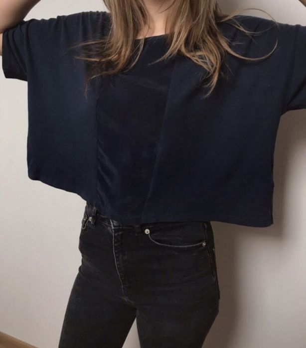 Szeroki crop top granatowy navy z wstawką H&M XS S oversize