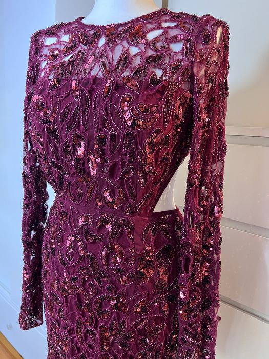 Bordowa bogato zdobiona sukienka Asos Edition cekiny sylwester S